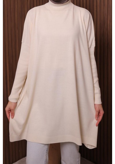 Balenbi Kadın Dik Yaka Basic 80cm Salaş Oversize Triko Tunik 1145 Ekru