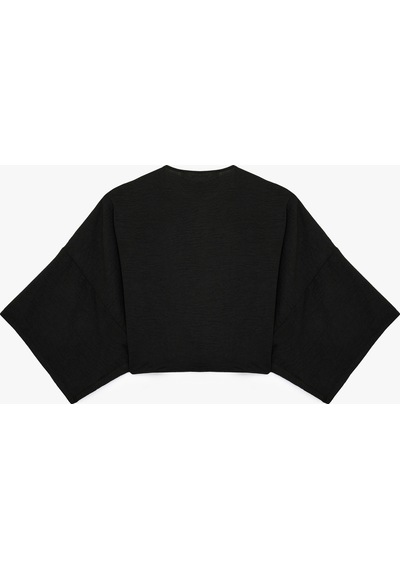 Koton Kısa Kollu Kruvaze Yaka Bağlamalı Crop Oversize Kimono Siyah 6sal50004ıw