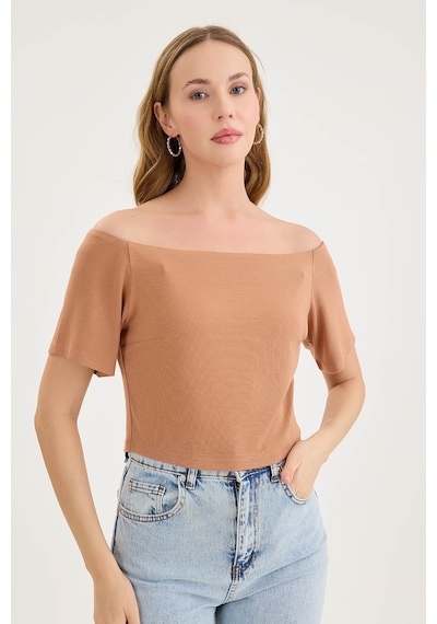Vitrin Kayık Yaka Crop Bluz Kahve