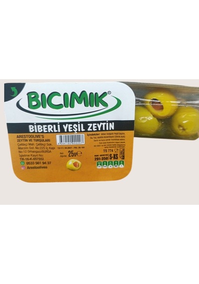Bıcımık Biber Dolgulu Çekirdeksiz Yeşil Zeytin İşlem Görmüş Salamura 25 G Piknik X 40 Adet