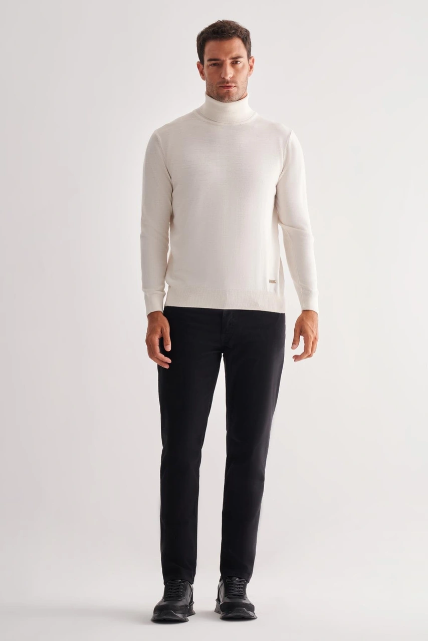 İmza Krem Balıkçı Yaka Cepsiz Comfort Fit Classic Yünlü Triko Kazak 1012255004 Krem