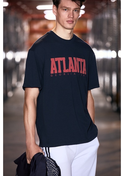 Grimelange Grımelange Atlanta Erkek %100 Pamuklu Kısa Kollu Baskı Detaylı Lacivert T-shirt