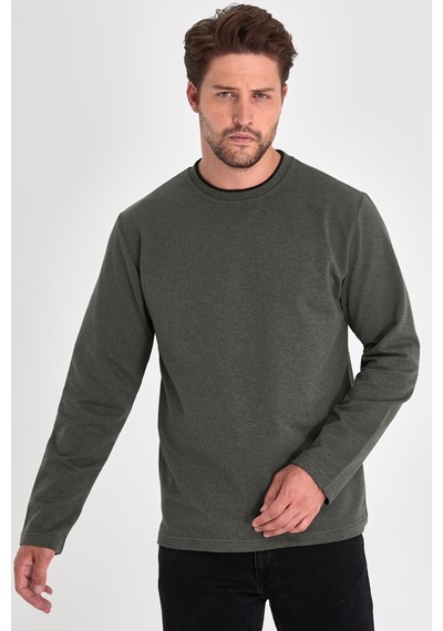 Comeor Erkek Haki Çift Bisiklet Yaka Standart Rahat Kesim Sweatshirt Cmrb68-haki