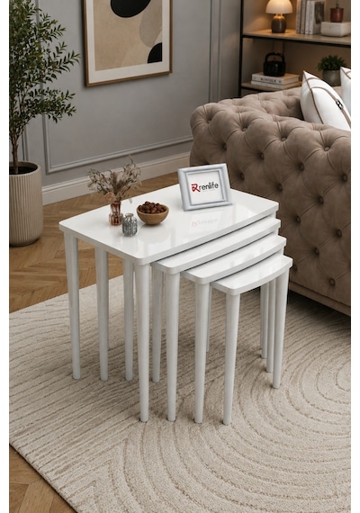 Renlife Zigon Sehpa 4'lü Lake Boyalı Mdf Beyaz Beyaz Lake
