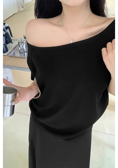 Siyah Lacivert 2li Paket Kadın Düşük Omuz Kayık Yaka Oversize T-shirt Siyah Lacivert