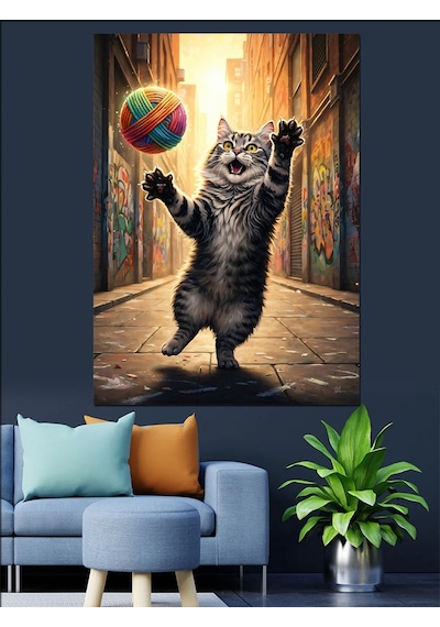 Ahşap Tablo Yumakla Oynayan Kedi Resmi
