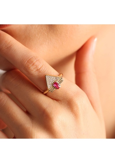 14 Ayar Altın Ruby Yüzük Özel Tasarım Triangle T11010 Renkli