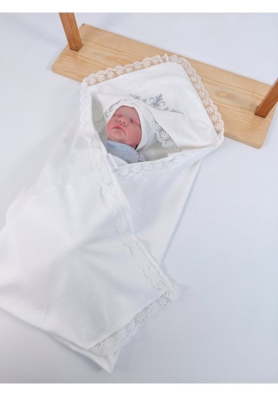 Ekru %100 Pamuklu Erkek Bebek Battaniyesi Nakışlı Dantelli Puset Örtüsü Hediyelik Yenidoğan 85x85cm Ekru