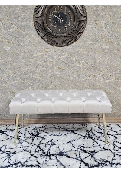 Zafir Gold Kaplama Sivriltme Ayaklı 90 Cm Puf Bench - Puf - Bench - Kasalı Oturak - Oturak - Yatak Ucu Puf Krem
