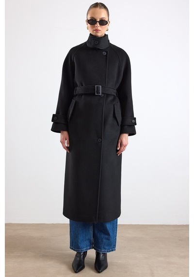 Olcay Dik Yaka Pat Detaylı Oversize Kaban Siyah 3177