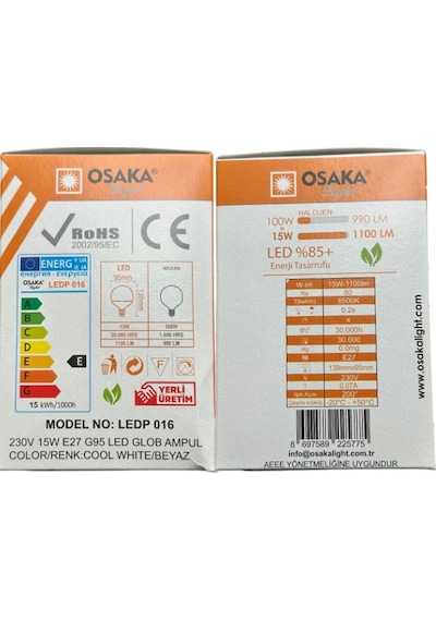 Osaka 15w 100w 6500k Beyaz Işık E27 Duylu G95 Led Glop Ampul 8 Adet