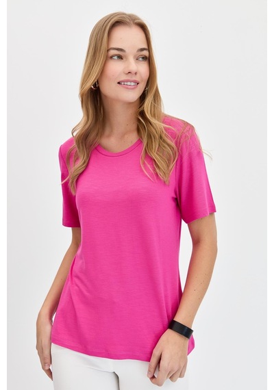 Kadın Sıfır Yaka Flamlı Kumaş Penye Tshirt Fuşya Fuşya