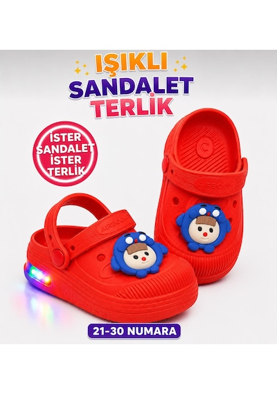 Papucumun Dünyası Çocuk Cross Eva Işıklı Hafif Günlük Havuz Kreş Kumsal Kullanışlı Terlik Kırmızı