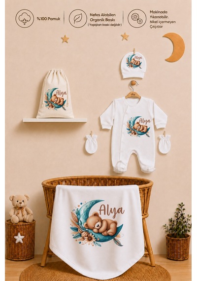 Pia Baby İsme Özel Kız Bebek Hastane Çıkışı Battaniyeli Tulum Seti %100 Pamuk Ham Bez Kıyafet Kesesi Yenidoğan Bebek Hediyesi 1012btk3x Ekru
