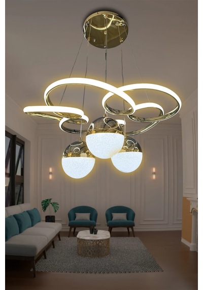 Florya Modern Sarkıt 3 Toplu Powerled Ledli Avize - 3 Renk Kumandalı - Gold Gold