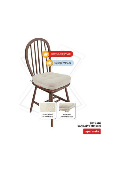 2'li Çift Kat Sandalye Minderi Fermuarlı Yıkanabilir Kılıf Bağcıklı Su Ve Yağ İtici 42x42x8 2, Bej Genel