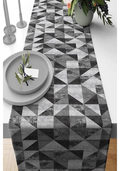 Siyah Geometrik Desenli Premium Masa Örtüsü Runner Rnr385n11