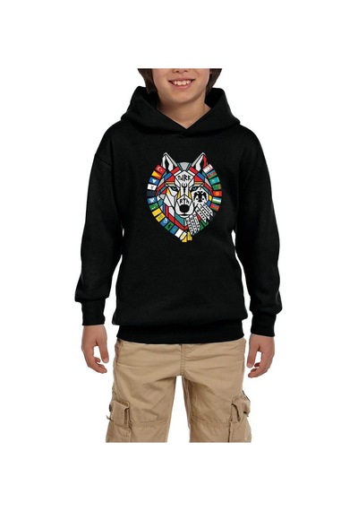 Zepplin Giyim Bayrak Çelenkli Bozkurt Başı Baskılı Siyah Çocuk Kapşonlu Sweatshirt
