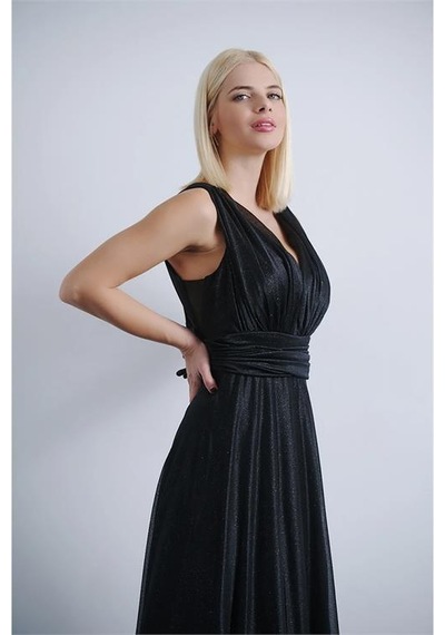 Neşeli Butik Kadın V Yaka Simli Tül Abiye Elbise Nbs9223 Siyahh