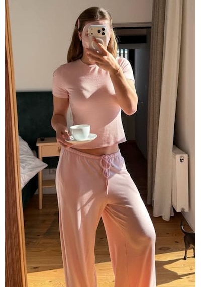 Pembe Geniş Paça Barrel Fit Eşofman Altı Mg2646 Pembe