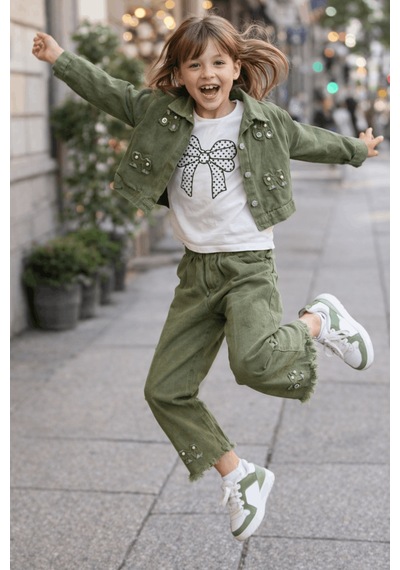 Turuncu Gardrop 9-12 Yaş Fiyonklu Gabardin Kız Çocuk 3lü Takım Haki Haki