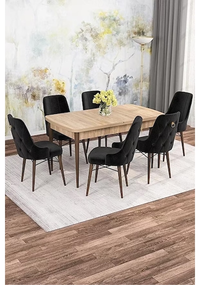 Zümra Serisi, Meşe Desen 80x132 Açılabilir Mdf Mutfak Masası Takımı 6 Adet Sandalye Siyah Zümra Serisi, Meşe Desen 80x132 Açılabilir Mdf Mutfak Masası Takımı 6 Adet Sandalye Siyah