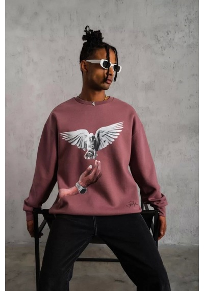Erkek Güvercin Baskılı Sweatshirt - Gül Kurusu Gülkurusu