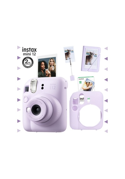 Fujifilm Instax Mini 12 Fotoğraf Makinesi + 10'lu Film + Kıskaçlı Stand + Mini Albüm + Silikon Kılıf Seti Lila