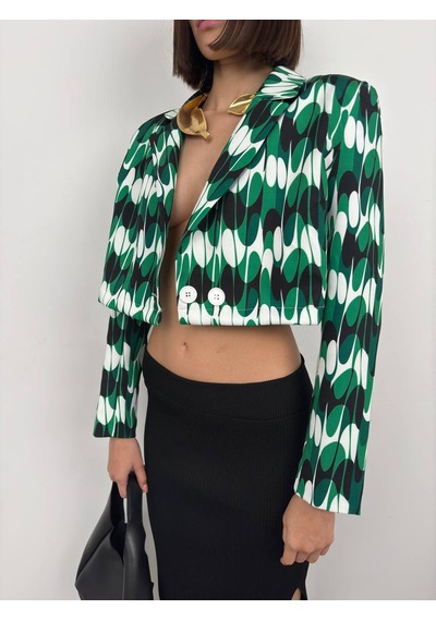 Yeni Sezon Desenli Simetrik Katlamalı Yaka Tek Düğme Crop Kadın Blazer Ceket 24s08012 Yeşil