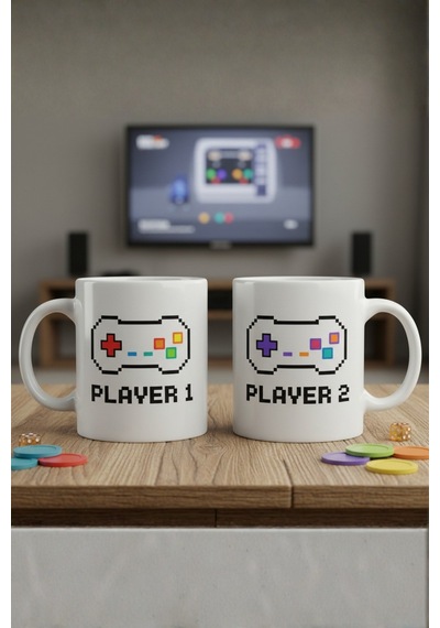 Player 1 Player 2 Oyun Temalı Çift Kupa Seti - Gamer Sevgili Arkadaş Kupası 2 Li Seramik Kupa Çok Renkli