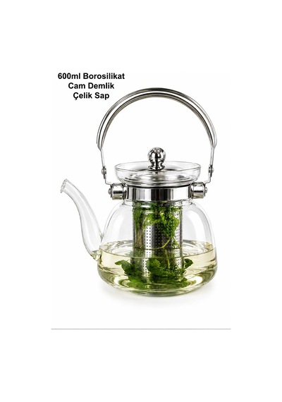 Borosilikat Cam Tek Demlik Bitki Demlik Süzgeçli 600ml Çelik Sap Şeffaf