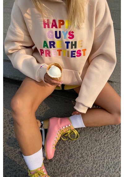 Bej Renkli Nakışlı Bisiklet Yaka Sweatshirt Mg1574
