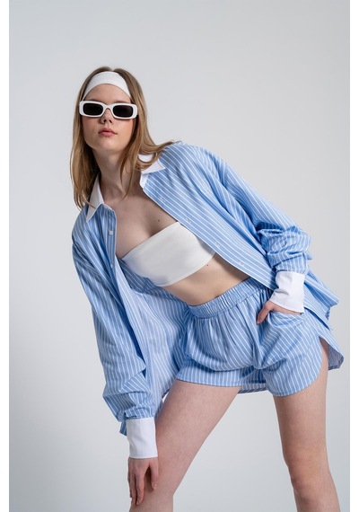 Holly Lolly Beli Lastikli Çizgili Harmony Poplin Şort Mavi