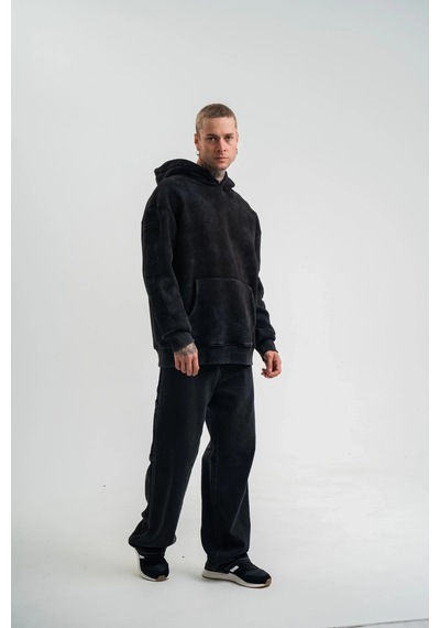 Luz&pos Erkek Uzun Kol Kapşonlu Yıkamalı Nakışlı Sweatshirt - Siyah Siyah
