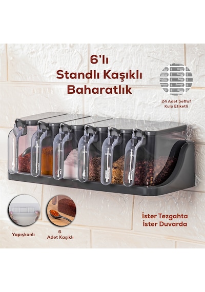 Porsima 1182 Standlı Kaşıklı Kapaklı Baharatlık Seti 6'Lı Antrasit