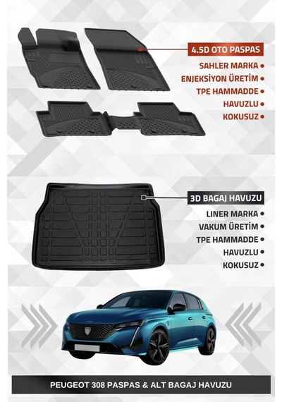 Sahler Peugeot 308 2022+ Uyumlu 4.5d Premium Havuzlu Oto Paspas Ve Liner Marka 3d Bagaj Havuzu