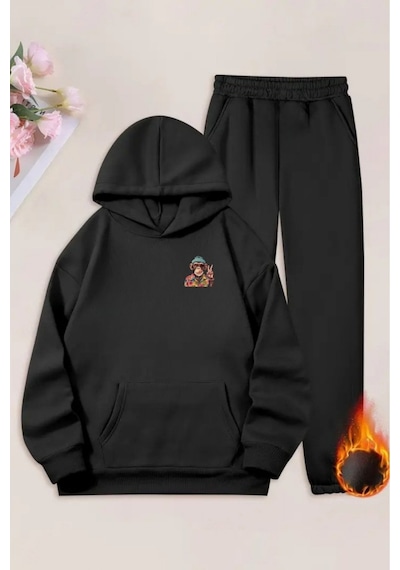 Unisex Siyah Mini Maymun Baskılı Eşofman Kapüşon- Kışlık Şardonlu Kumaş Siyah
