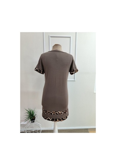 Butik İstanbul Kadın Kısa Kollu Bisiklet Yaka Leopar Şerit Detaylı Kısa Modal Elbise Sütlü Kahve
