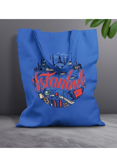 Bk Gift İstanbul Tasarımlı-1 Mavi Kumaş Bez Çanta, Baskılı Omuz Çantası, Alışveriş Çantası, Arkadaşa Hediye