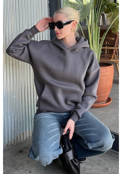 Füme Kapüşonlu Şardonlu Oversize Cepli Sweatshirt Mg2206