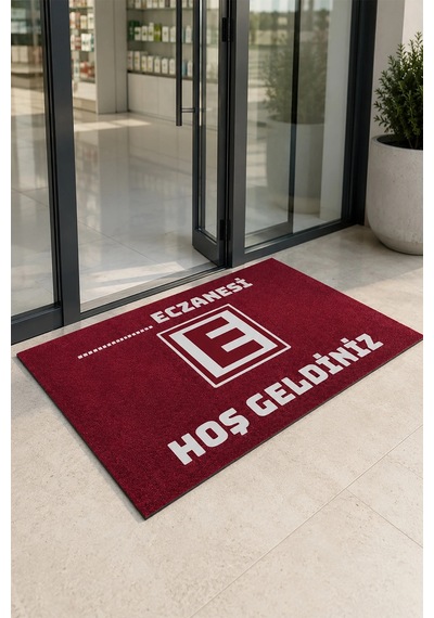 Valerine Life Eczane Logolu Kırmızı Hoş Geldiniz İşyeri Kapı Önü Paspası 50x90cm Kişiye Firmaya Özel