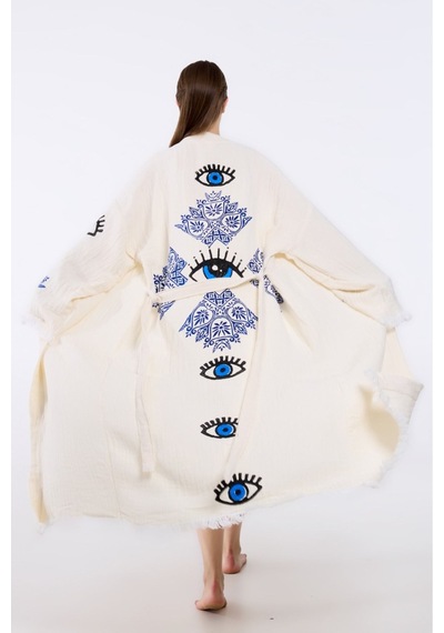Befera Müslin Kimono Pamuklu Etnik Göz Baskılı Desenli Bornoz Kaftan Sabahlık Ekru