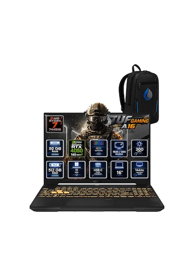 Asus Tuf Gaming A16 FA607NUG-RL125RNP25 R7-7445HS 80 GB 512 GB SSD RTX4050 16'' W11P Dizüstü Bilgisayar + Çanta