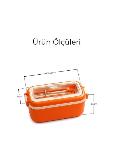 Lunchbox Kaşık & Çatal Dahil - Kilitli Kapaklı - Taşıma Saplı - 3 Bölmeli Turuncu
