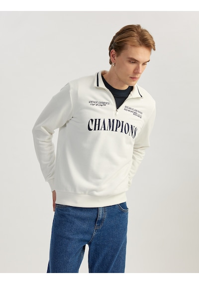 Koton Yarım Fermuarlı İşlemeli Uzun Kollu Sweatshirt Beyaz 5sam70033mk Beyaz