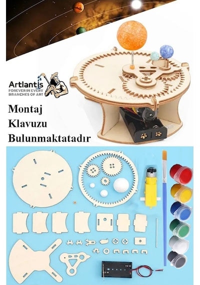 Güneş Dünya Ay Modeli Otomatik Pilli 1 Paket Ahşap Dünya Güneş Ay Maketi Haraketli Boyanabilir Deney Etkinlik Bilim Hobi