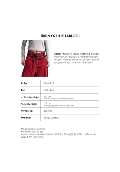 Kadın 6w6-35 Barrel Fit Ekose Kemer Detaylı Tasarım Denim Jean Kırmızı