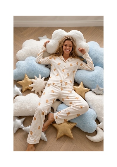 Fit Women Kadın Gömlek Yaka Düğmeli Beyaz Pijama Takımı