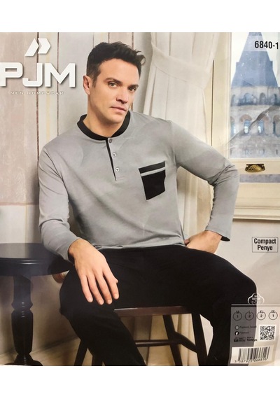 Pijamoni Erkek %100 Pamuk Penye Mevsimlik Uzun Kollu Pijama Takımı 6840 Gri