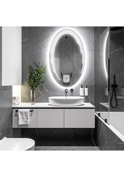 Elliptika Beyaz Led'li Lazer Kumlamalı Lavabo & Banyo Aynası Dokunmatik Sensörlü 55 X 90